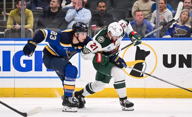 St. Louis Blues' Logan Mailloux (23) skates against Minnesota Wild's Robby Fabbri (21) during the third period of an NHL hockey game Monday, April 13, 2026, in St. Louis. (AP Photo/Connor Hamilton)