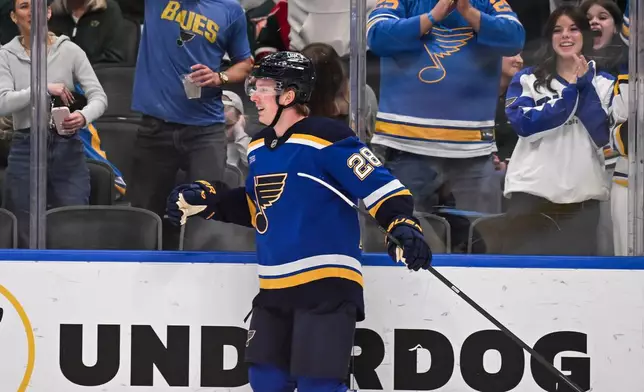 St. Louis Blues' Otto Stenberg (28) celebrates after scoring during the second period of an NHL hockey game against the Minnesota Wild, Monday, April 13, 2026, in St. Louis. (AP Photo/Connor Hamilton)