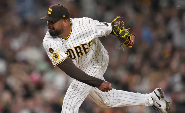 San Diego Padres starting pitcher Germán Márquez works against a San Francisco Giants batter during the second inning of a baseball game Tuesday, March 31, 2026, in San Diego. (AP Photo/Gregory Bull)