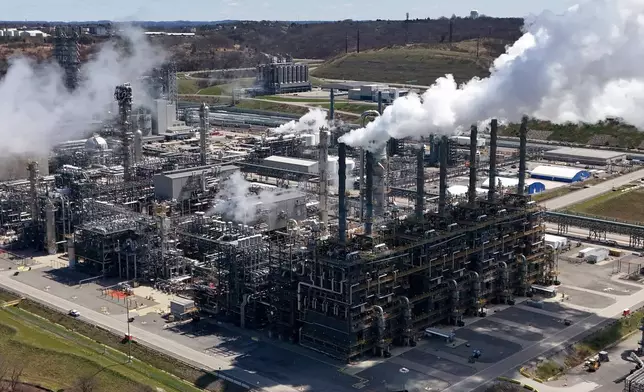 Part of the Shell Polymers Monaca Plant, a petrochemical plant, operates in Monaca, Pa., Tuesday, April 7, 2026. (AP Photo/Gene J. Puskar)