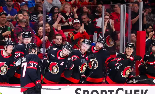Ottawa Senators' Warren Foegele (37) celebrates his goal with teammates while taking on the Toronto Maple Leafs during the second period of an NHL hockey game in Ottawa, Wednesday, April 15, 2026. (Sean Kilpatrick/The Canadian Press via AP)
