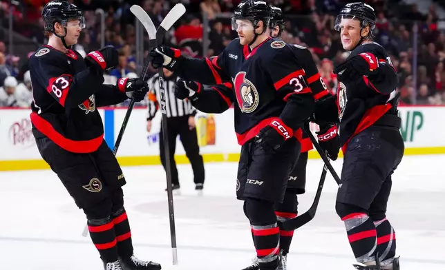Ottawa Senators' Warren Foegele (37) celebrates his goal with teammates while taking on the Toronto Maple Leafs during the second period of an NHL hockey game in Ottawa, Wednesday, April 15, 2026. (Sean Kilpatrick/The Canadian Press via AP)