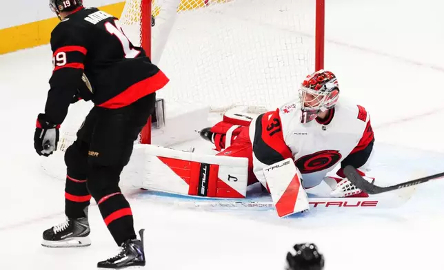 Ottawa Senators' Drake Batherson (19) scores on Carolina Hurricanes goaltender Frederik Andersen (31) during the second period of an NHL hockey playoff game in Ottawa, Ontario, Thursday, April 23, 2026. (Sean Kilpatrick/The Canadian Press via AP)