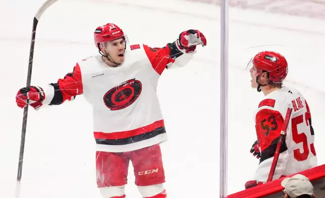 Carolina Hurricanes' Jackson Blake (53) celebrates his goal against the Ottawa Senators with Logan Stankoven (22) during the second period of an NHL hockey playoff game in Ottawa, Ontario, Thursday, April 23, 2026. (Sean Kilpatrick/The Canadian Press via AP)