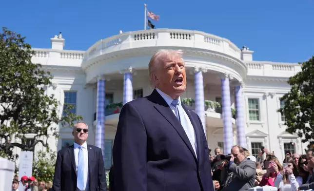 President Donald Trump participates in the White House Easter Egg Roll on the South Lawn of the White House, Monday, April 6, 2026, in Washington. (AP Photo/Alex Brandon)