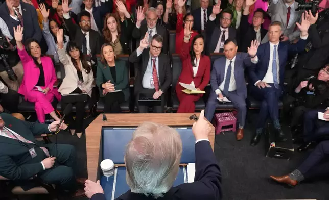 President Donald Trump speaks with reporters during a news conference in the James Brady Press Briefing Room at the White House, Monday, April 6, 2026, in Washington. (AP Photo/Mark Schiefelbein)