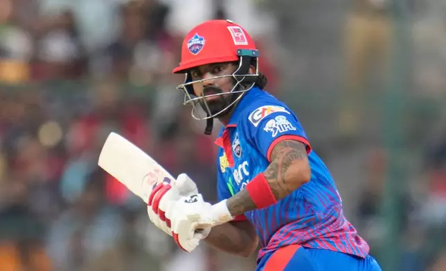 Delhi Capitals' KL Rahul plays a shot during the Indian Premier League cricket match between Royal Challengers Bengaluru and Delhi Capitals in Bengaluru, India, Saturday, April 18, 2026. (AP Photo/Aijaz Rahi)