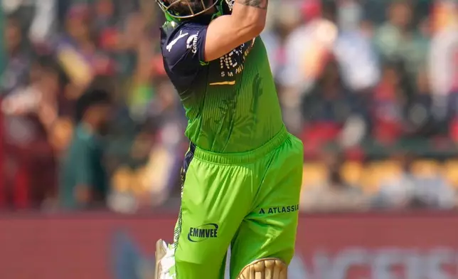 Royal Challengers Bengaluru's Virat Kohli plays a shot during the Indian Premier League cricket match between Royal Challengers Bengaluru and Delhi Capitals in Bengaluru, India, Saturday, April 18, 2026. (AP Photo/Aijaz Rahi)