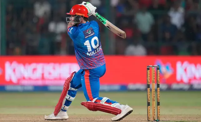 Delhi Capitals' David Miller plays a shot during the Indian Premier League cricket match between Royal Challengers Bengaluru and Delhi Capitals in Bengaluru, India, Saturday, April 18, 2026. (AP Photo/Aijaz Rahi)