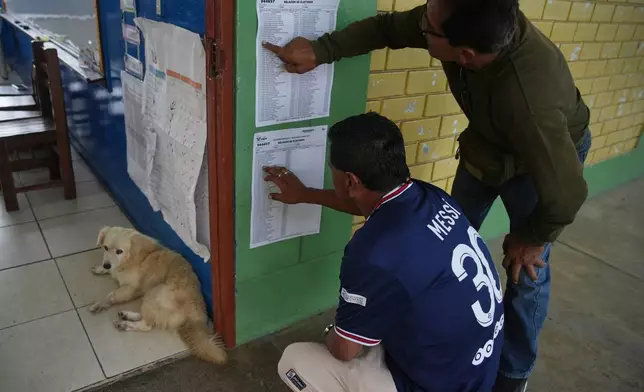 Voters check the rolls as voting in the general election resumes at polling stations affected by delays and logistical problems in Lima, Peru, Monday, April 13, 2026. (AP Photo/Guadalupe Pardo)