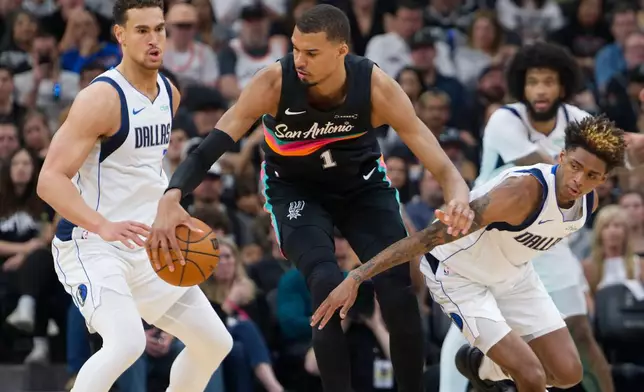 San Antonio Spurs center Victor Wembanyama (1) tangles with Dallas Mavericks' Dwight Powell, left, and A.J. Johnson during the first half of an NBA basketball game, Friday, April 10, 2026, in San Antonio. (AP Photo/Darren Abate)