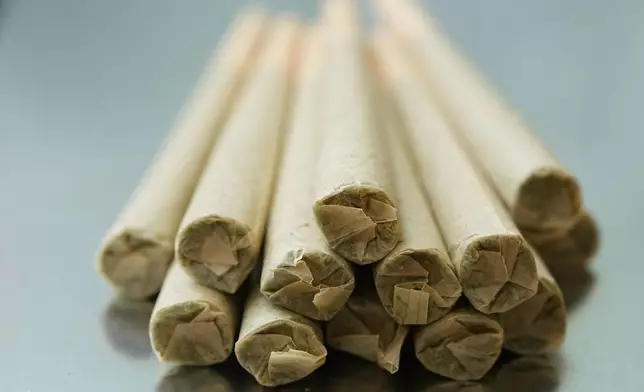 Shown are marijuana joints at NJ Weedman's Joint dispensary in Trenton, N.J., Thursday, April 23, 2026. (AP Photo/Matt Rourke)