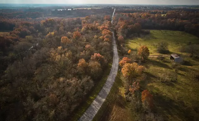A portion of historic Route 66 winds through the countryside in Baxter Springs, Kan., Tuesday, Nov. 18, 2025. (AP Photo/Jeff Roberson)