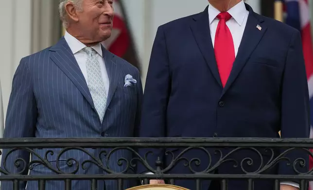 FILE - President Donald Trump and Britain's King Charles attend the arrival ceremony on the South Lawn of the White House, in Washington, April 28, 2026. (AP Photo/Julia Demaree Nikhinson, File)