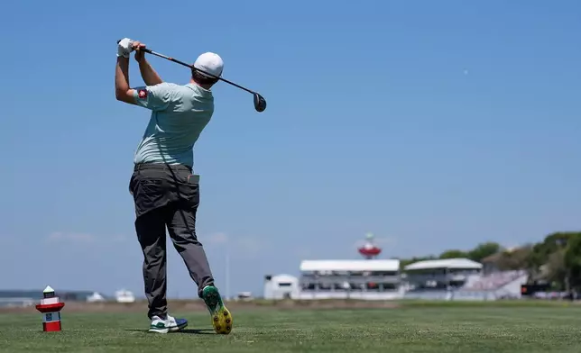 Matt Fitzpatrick, of England, hits from the 18th tee during the second round at the RBC Heritage golf tournament Friday, April 17, 2026, in Hilton Head, S.C. (AP Photo/Mike Stewart)