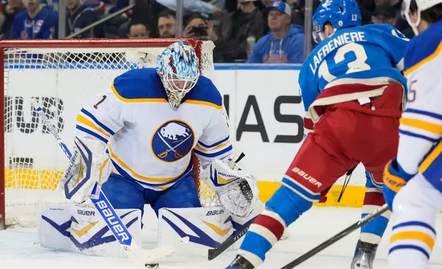 Buffalo Sabres goaltender Ukko-Pekka Luukkonen (1) protect the net from New York Rangers left wing Alexis Lafrenière (13) during the first period of an NHL hockey game, Wednesday, April 8, 2026, in New York. (AP Photo/Yuki Iwamura)
