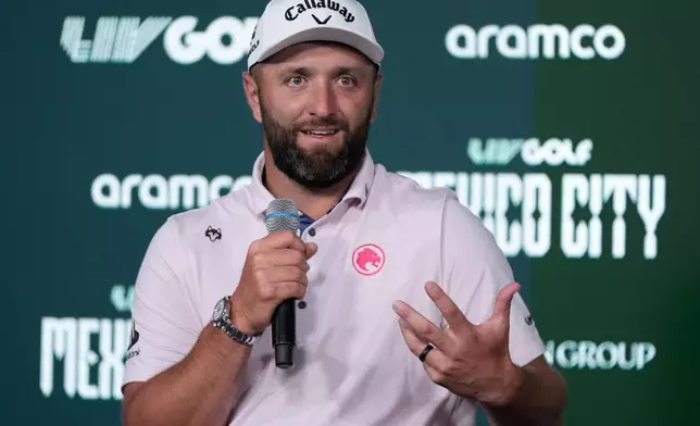Captain Jon Rahm of Legion XIII speaks after the first round of the LIV Golf tournament in Naucalpan on the outskirts of Mexico City, Thursday, April 16, 2026. (AP Photo/Fernando Llano)