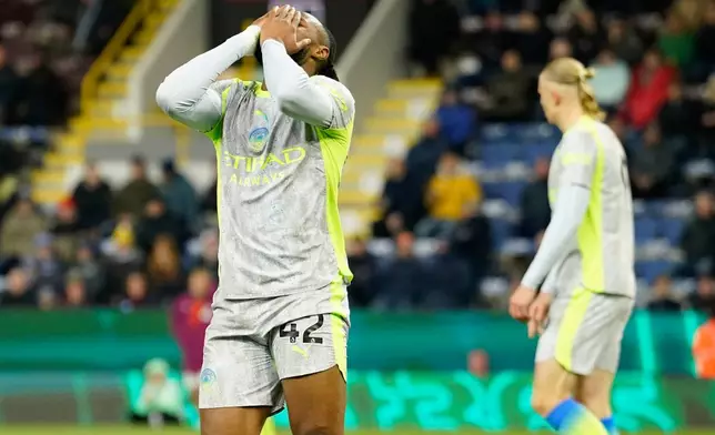 Manchester City's Antoine Semenyo reacts during the Premier League soccer match between Burnley and Manchester City in Burnley, England, Wednesday, April 22, 2026. (AP Photo/Dave Thompson)