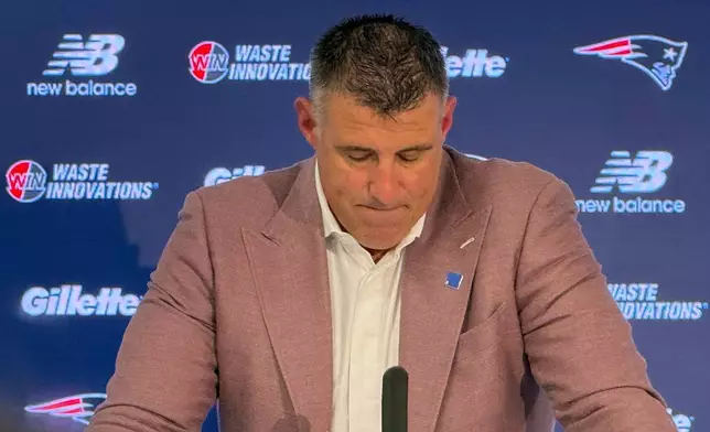 New England Patriots coach Mike Vrabel speaks at the team facility in Foxborough, Mass., prior to the start of the NFL football draft on Thursday, April 23, 2026. (AP Photo/Kyle Hightower)