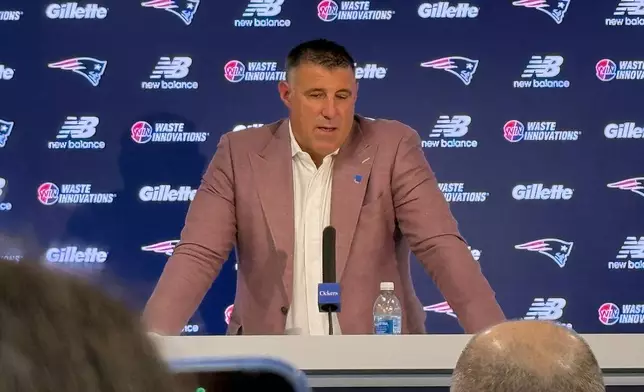 New England Patriots coach Mike Vrabel speaks at the team facility in Foxborough, Mass., prior to the start of the NFL football draft on Thursday, April 23, 2026. (AP Photo/Kyle Hightower)