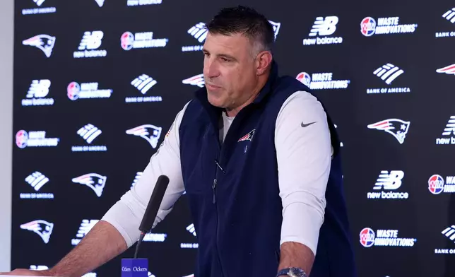 New England Patriots head coach Mike Vrabel speaks during an NFL football press conference, Tuesday, April 21, 2026, in Foxborough, Mass. (AP Photo/Mark Stockwell)