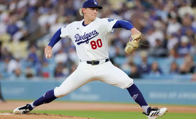 Los Angeles Dodgers starting pitcher Emmet Sheehan throws during the first inning of a baseball game against the Chicago Cubs, Friday, April 24, 2026, in Los Angeles. (AP Photo/Ryan Sun)