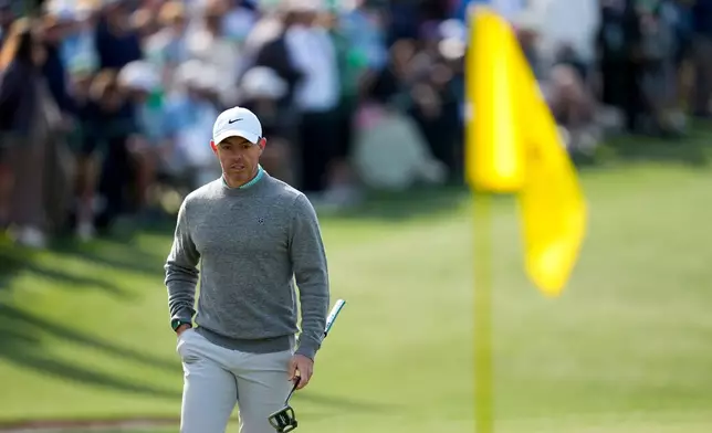 Rory McIlroy, of Northern Ireland, walks to green on the 16th hole during a practice round ahead of the Masters golf tournament at the Augusta National Golf Club, Wednesday, April 8, 2026, in Augusta, Ga. (AP Photo/Ashley Landis)