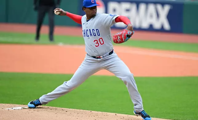 Chicago Cubs starting pitcher Edward Cabrera delivers against the Cleveland Guardians during the first inning of a baseball game, Sunday, April 5, 2026, in Cleveland. (AP Photo/David Dermer)