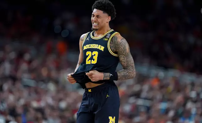 Michigan forward Yaxel Lendeborg reacts after an injury on the court during the first half of an NCAA college basketball tournament semifinal game against Arizona at the Final Four, Saturday, April 4, 2026, in Indianapolis. (AP Photo/Abbie Parr)