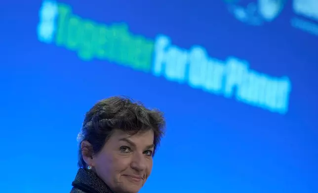 FILE - Christiana Figueres, former U.N. climate chief who led the 2015 Paris Agreement, speaks to The Associated Press in Glasgow, Scotland, Oct. 31, 2021. (AP Photo/Alastair Grant, File)