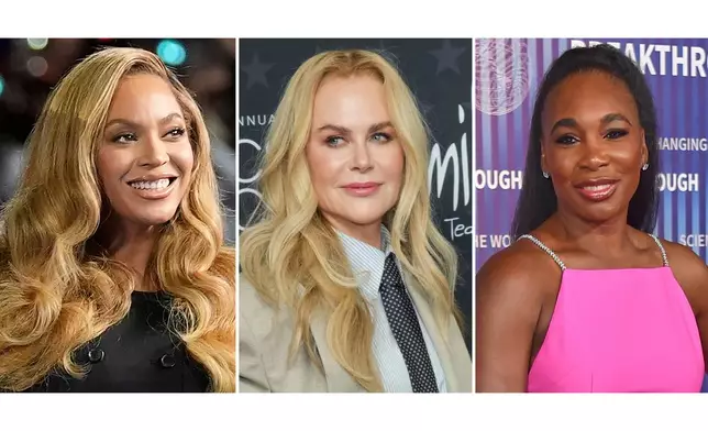 Beyonce appears at a campaign event in Houston, on Oct. 25, 2024, left, Nicole Kidman appears at the 30th Critics Choice Awards Santa Monica, Calif., on Feb. 7, 2025, center, and Venus Williams appears at the 10th Breakthrough Prize Ceremony in Los Angeles on April 13, 2024. (AP Photo)