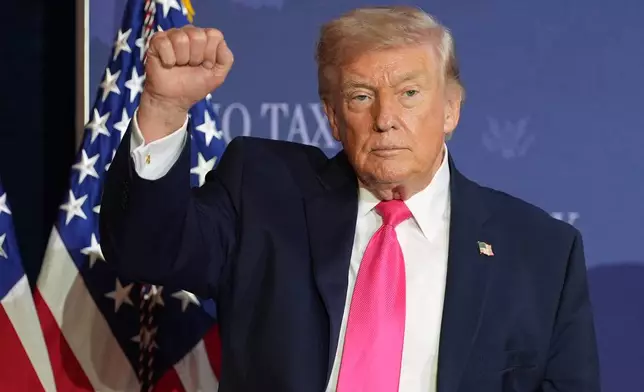 President Donald Trump gestures after a roundtable event about no tax on tips, Thursday, April 16, 2026, in Las Vegas. (AP Photo/Alex Brandon)