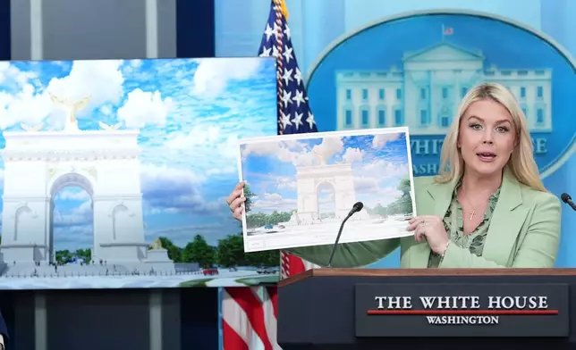 White House press secretary Karoline Leavitt holds up an artist rendering of the new triumphal arch as she speaks with reporters in the James Brady Press Briefing Room at the White House, Wednesday, April 15, 2026, in Washington. (AP Photo/Alex Brandon)
