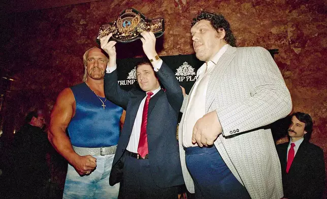 FILE - Real estate developer Donald Trump holds the World Wrestling Federation Championship belt flanked by Hulk Hogan, left, and Andre the Giant at a news conference, March 15, 1988, in New York. (AP Photo/Susan Ragan, File)