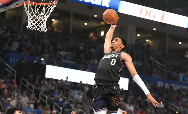 Phoenix Suns forward Ryan Dunn dunks during the first half of an NBA basketball game against the Oklahoma City Thunder, Sunday, April 12, 2026, in Oklahoma City. (AP Photo/Kyle Phillips)