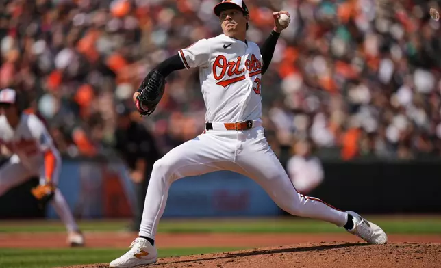 Baltimore Orioles' Cade Povich delivers during the third inning of a baseball game against the San Francisco Giants, Sunday, April 12, 2026, in Baltimore. (AP Photo/Stephanie Scarbrough)
