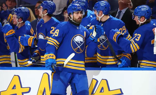 Buffalo Sabres right wing Alex Tuch (89) celebrates his goal during the second period of an NHL hockey game against the Dallas Stars Wednesday, April 15, 2026, in Buffalo, N.Y. (AP Photo/Jeffrey T. Barnes)