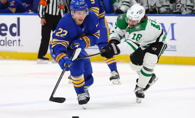 Buffalo Sabres right wing Jack Quinn (22) is pressured by Dallas Stars center Sam Steel (18) during the first period of an NHL hockey game Wednesday, April 15, 2026, in Buffalo, N.Y. (AP Photo/Jeffrey T. Barnes)