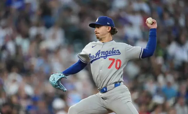 Los Angeles Dodgers starting pitcher Justin Wrobleski works against the Colorado Rockies in the third inning of a baseball game Monday, April 20, 2026, in Denver. (AP Photo/David Zalubowski)