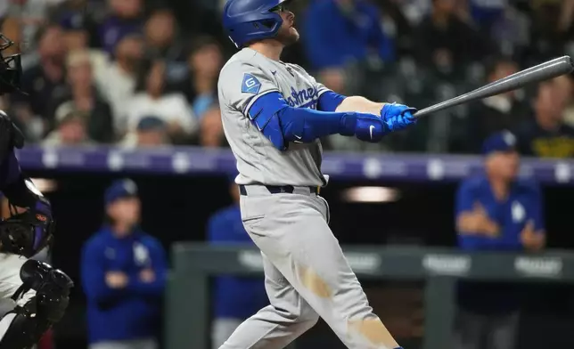 Los Angeles Dodgers' Max Muncy follows the flight of his solo home run of Colorado Rockies relief pitcher Tanner Gordon in the ninth inning of a baseball game Monday, April 20, 2026, in Denver. (AP Photo/David Zalubowski)