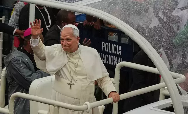 Pope Leo XIV arrives at Estadio de Bata Stadium in Bata, Equatorial Guinea, on the 10th day of an 11-day pastoral tour of Africa, Wednesday, April 22, 2026. (AP Photo/Misper Apawu)