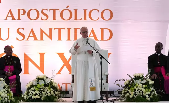 Pope Leo XIV, delivers a speech during his meeting with the staff and patients of the "Jean Pierre Olie" Psychiatric Hospital in Malabo, Equatorial Guinea, Tuesday, April 21, 2026. (AP Photo/Misper Apawu)