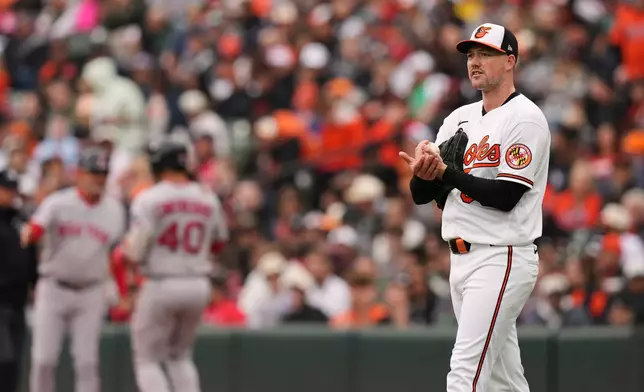 Baltimore Orioles starting pitcher Kyle Bradish reacts after giving up a walk to Boston Red Sox's Willson Contreras during the third inning of a baseball game, Sunday, April 26, 2026, in Baltimore. (AP Photo/Stephanie Scarbrough)