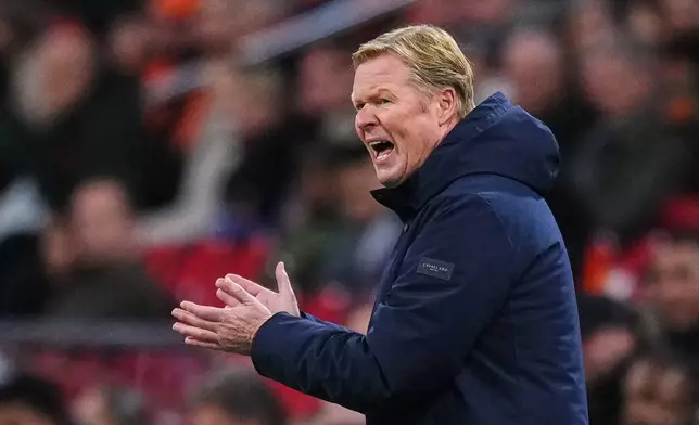 FILE - Netherlands' coach Ronald Koeman reacts during a World Cup 2026 group G qualifying soccer match between Netherlands and Lithuania in Amsterdam, Netherlands, Monday, Nov. 17, 2025. (AP Photo/Peter Dejong, File)