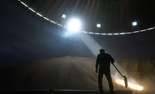 Doug Bartek shovels soybeans in a bin on his farm near Wahoo, Neb., on Monday, April 6, 2026. (AP Photo/Charlie Riedel)