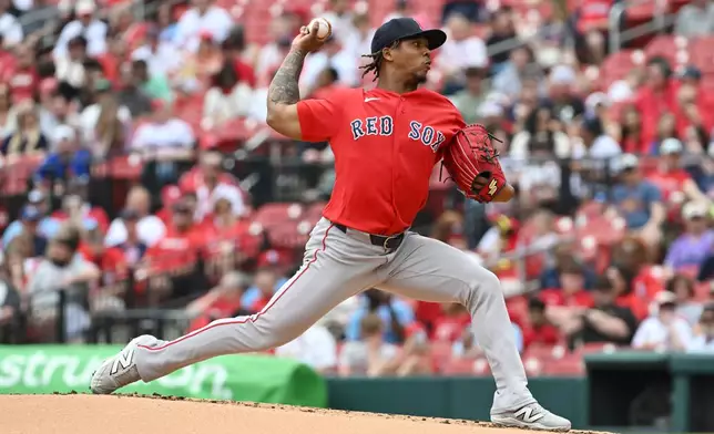 Boston Red Sox's Brayan Bello delivers a pitch in the first inning of a baseball game against the St. Louis Cardinals, Sunday, April 12, 2026, in St. Louis. (AP Photo/Michael Thomas)