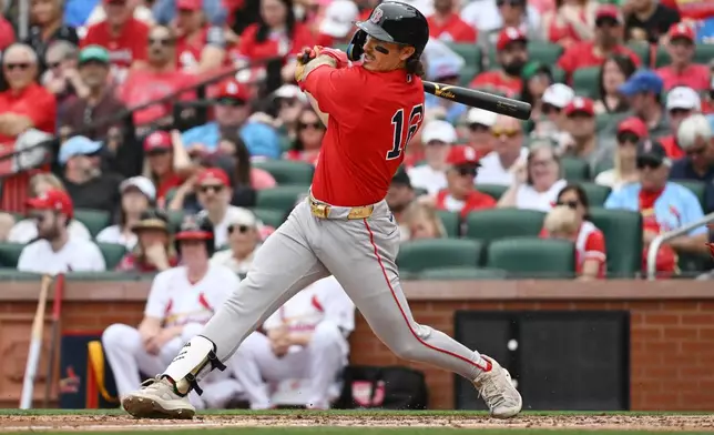 Boston Red Sox's Jarren Duran hits a three-RBI double in the fourth inning of a baseball game against the St. Louis Cardinals, Sunday, April 12, 2026, in St. Louis. (AP Photo/Michael Thomas)