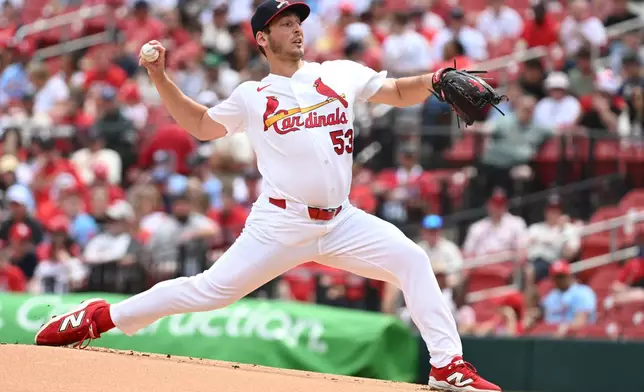 St. Louis Cardinals' Andre Pallante delivers a pitch in the first inning of a baseball game against the Boston Red Sox, Sunday, April 12, 2026, in St. Louis. (AP Photo/Michael Thomas)