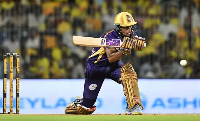 Kolkata Knight Riders' Angkrish Raghuvanshi plays a shot during the Indian Premier League cricket match between Chennai Super Kings and Kolkata Knight Riders in Chennai, India, Tuesday, April 14, 2026. (AP Photo)