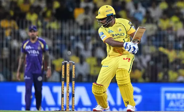 Chennai Super Kings' Sanju Samson plays a shot during the Indian Premier League cricket match between Chennai Super Kings and Kolkata Knight Riders in Chennai, India, Tuesday, April 14, 2026. (AP Photo/ Str)
